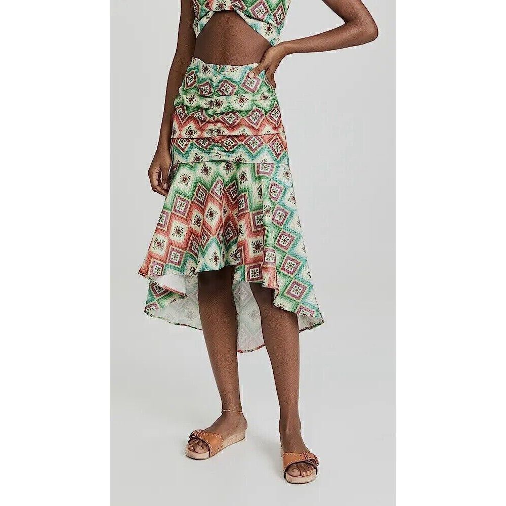 $625 Autumn Adeigbo Women's Green Floral Soraya Ruched Hi-Lo A-Line Skirt Size 4